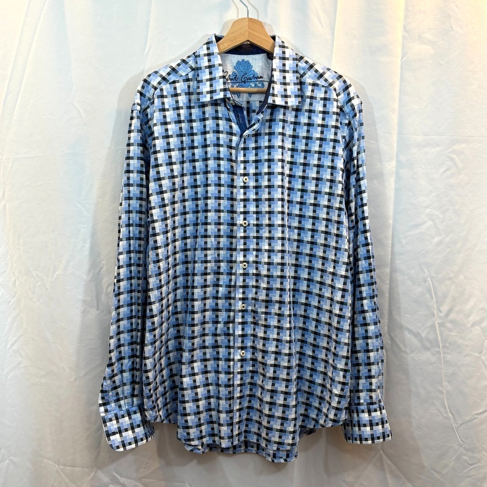 Robert Graham Men's Dress Shirt, Flip Cuff, Blue Check, Luxury Design, Size XL